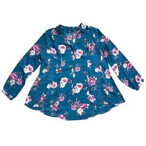 Torrid Harper Floral Button Down Blouse Teal Pink Roses 1X Estimated.